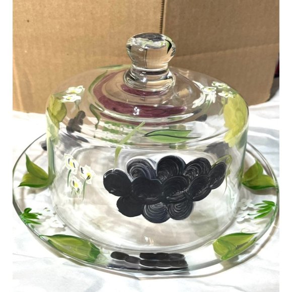 Hand Painted Clear Glass Covered Cheese Butter Dish w/ Grape Pattern - Picture 9 of 10